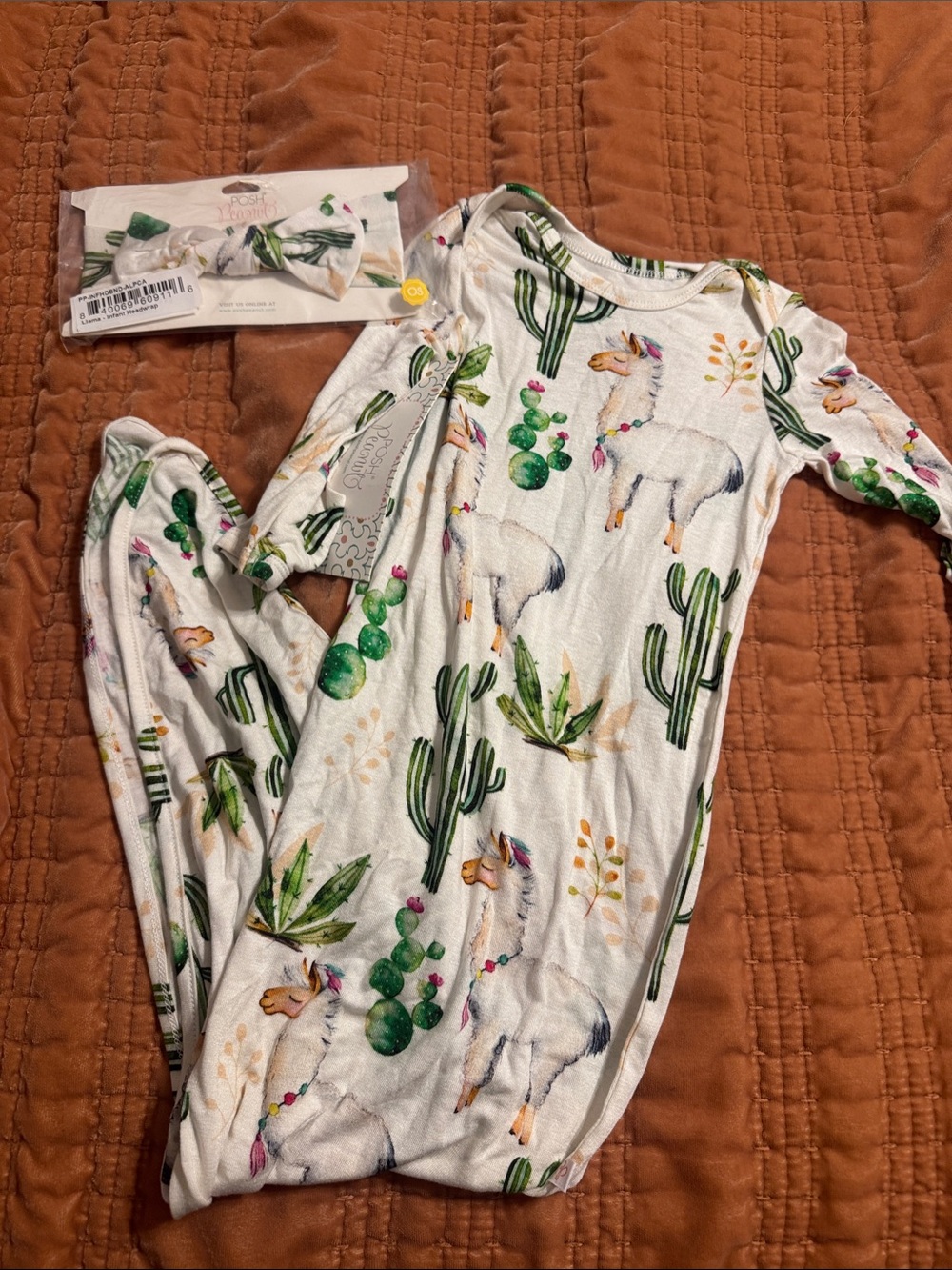 Posh Peanut White Llama & Cactus NB Gown with matching headband